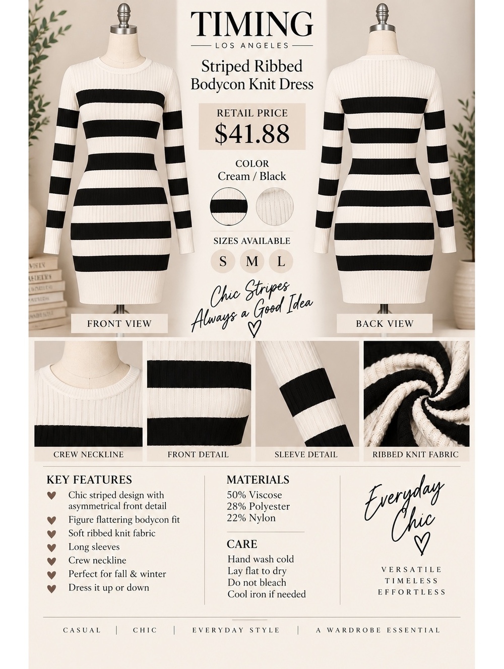 Timing LA Striped Ribbed Bodycon Knit Dress Cream/Black